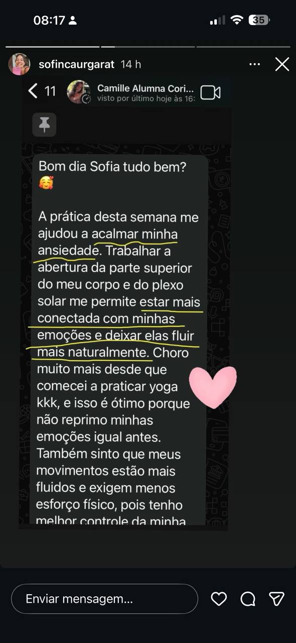 Camille, aluna da Sofia — yoga ajudando com ansiedade e conexão emocional