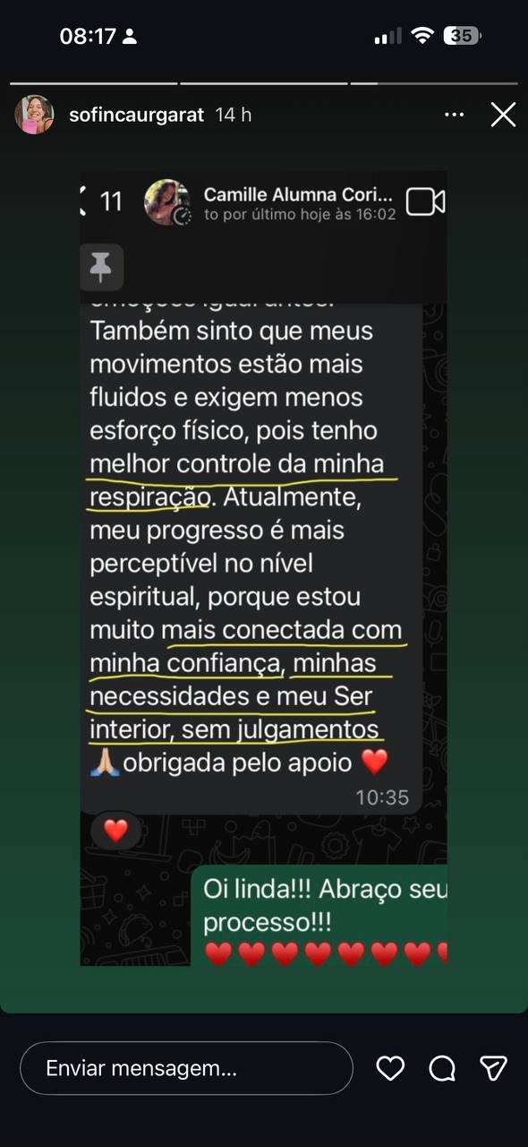 Camille, aluna da Sofia — progresso físico e emocional com a prática