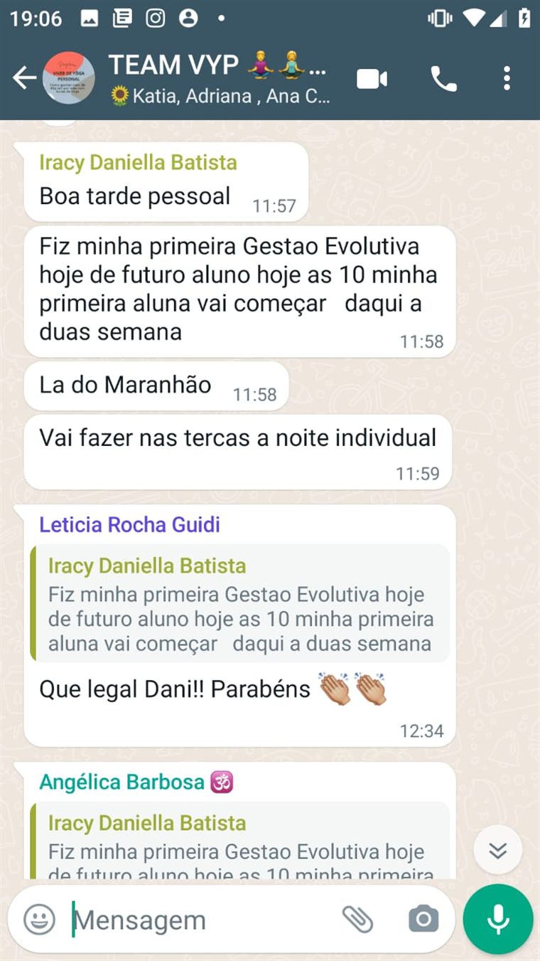 Print do grupo Team VYP: Iracy fez a primeira Gestão Evolutiva com uma futura aluna, que começa em duas semanas, individual, às terças à noite